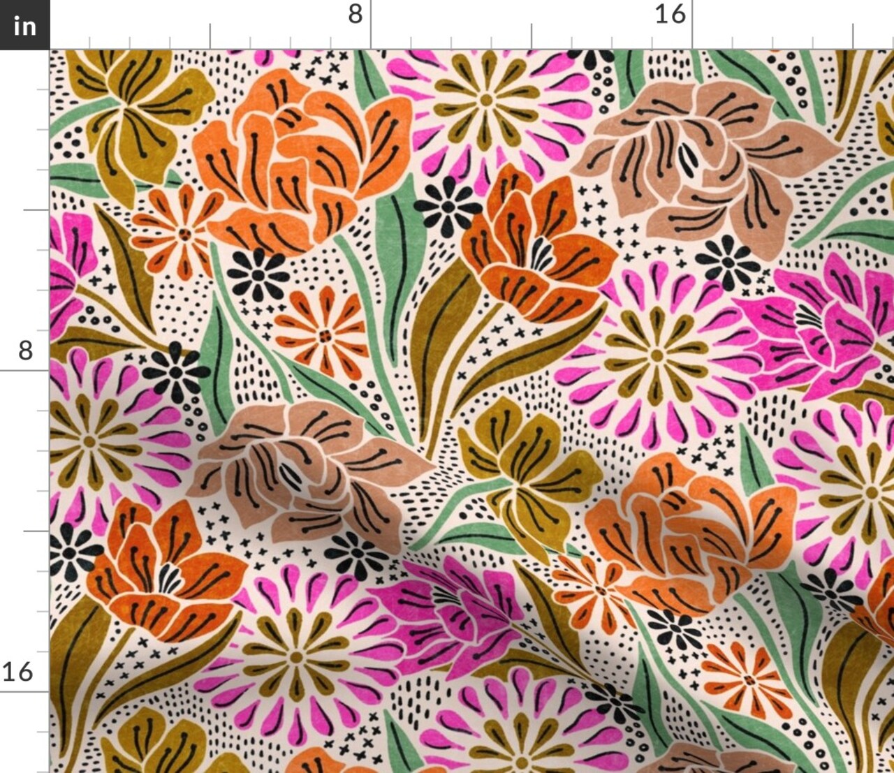 Summer Garden Bohemian Blooms Folk Art Boho Refined Orange Pink Custom Printed Fabric by Spoonflower Various Fabrics by the Yard or Fat Quarter